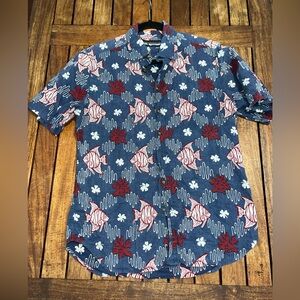 Reyn Spooner Small Aquarium Fish Floral Tailored Fit Hawaiian Aloha Shirt Blue
